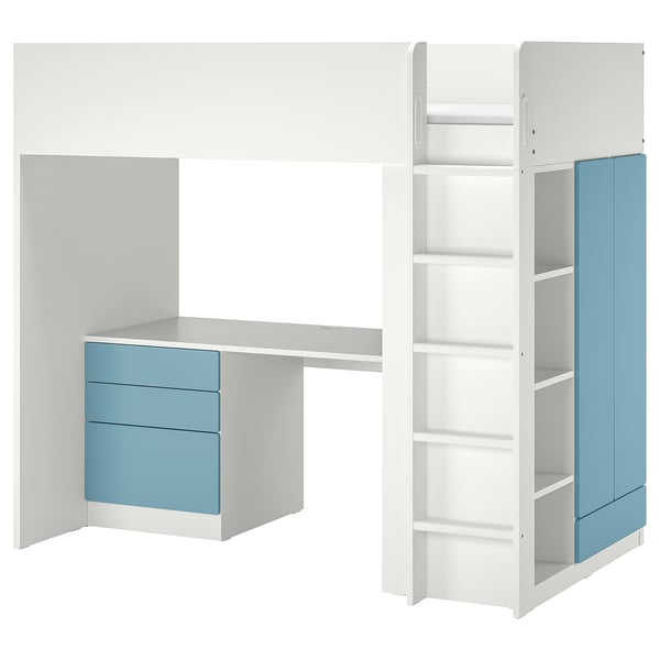 SMÅSTAD loft bed: white, blue accents, combining desk, storage, and sleeves.