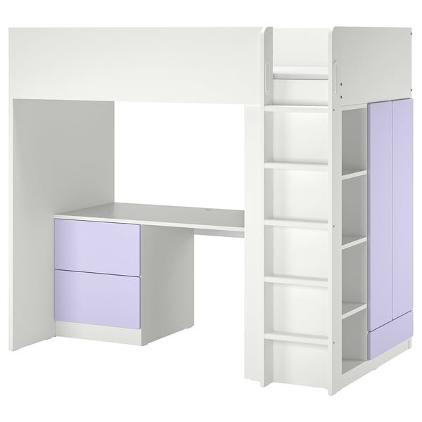 This image shows a SMÅSTAD white and lavender kids loft bed with desk, wardrobe, and shelves. Efficient space design for small rooms.