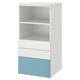 A white and blue SMÅSTAD bookcase with open shelves and drawers.