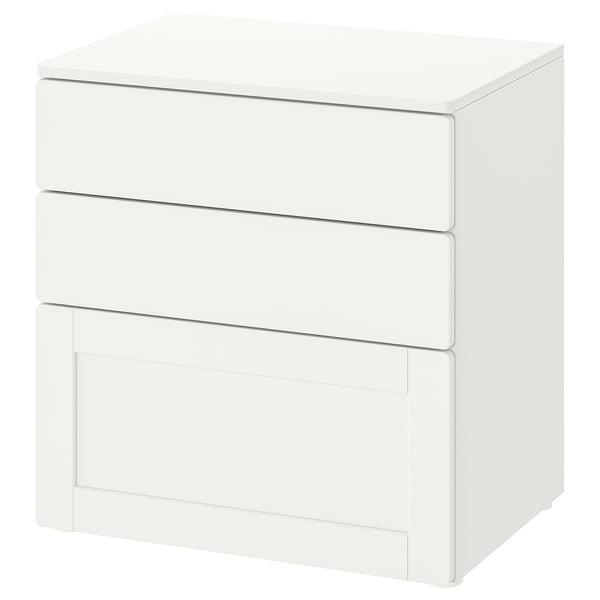 This image shows a white SMÅSTAD chest with three drawers designed for kids, offering compact storage in a small space.