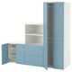 A white and blue ikea SMÅSTAD kids wardrobe with open drawers and doors.