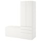 Modern, white kids storage set including wardrobe and bench with drawers, sleek design.