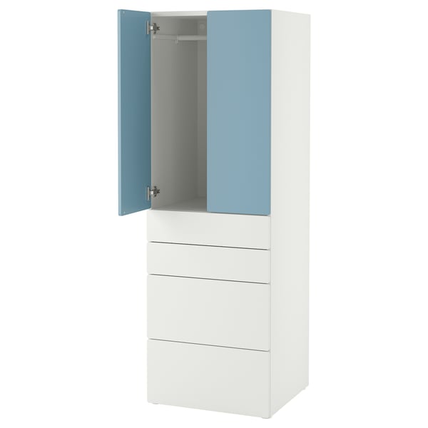 A white and blue SMÅSTAD wardrobe with drawers. It has a tall, rectangular shape, and one door is open, revealing the interior.