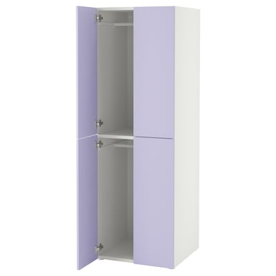 A tall wardrobe with light purple doors and a white body, featuring two open sections with shelves inside, equipped with soft-closing hinges.