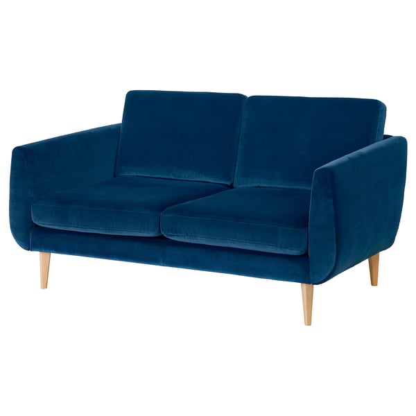 SMEDSTORP: blue velvet retro sofa with soft curves and wooden legs.