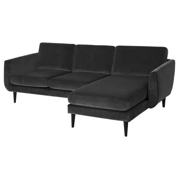 SMEDSTORP dark grey velvet l-shape sofa, modern design with clean lines, high legs, and cushioned seats.