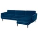 SMEDSTORP: blue velvet l-shaped sofa with wooden legs.