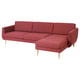 Red retro-style sectional sofa with wooden legs, soft cushions, comfortable armrests.