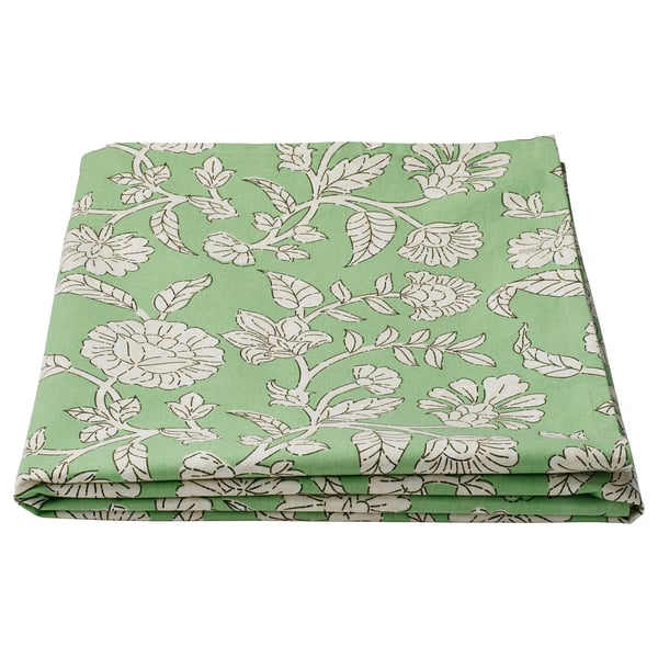 SMÖRFISK green cotton tablecloth, floral pattern, square.