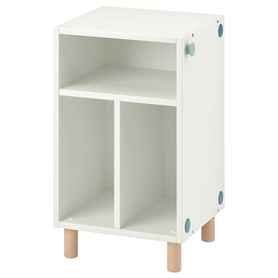 A white SMUSSLA bedside table with light wood legs and blue accents. It has two open compartments and an adjustable height for safety and convenience.