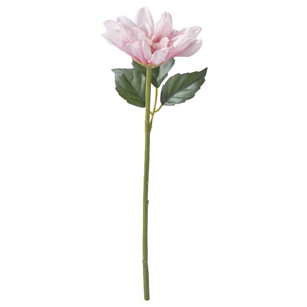 Single light pink artificial dahlia with green leaves on stem.