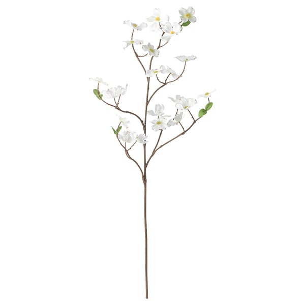 White artificial dogwood branch with flowers, made from recycled plastic.