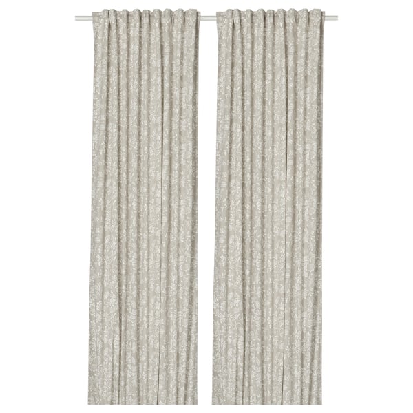 SNÖRUTA Curtains, 1 pair, light grey-beige white/floral pattern with heading tape, 145x300 cm