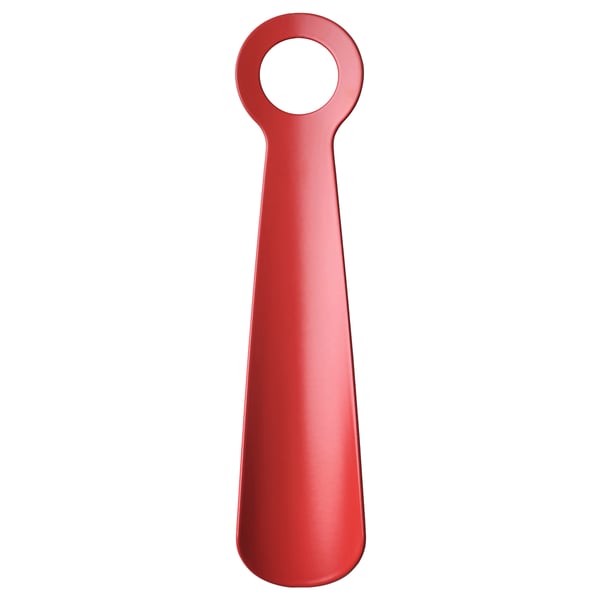 Red SNÖSKYFFEL travel shoehorn. Sturdy, curved, bright, hangable.