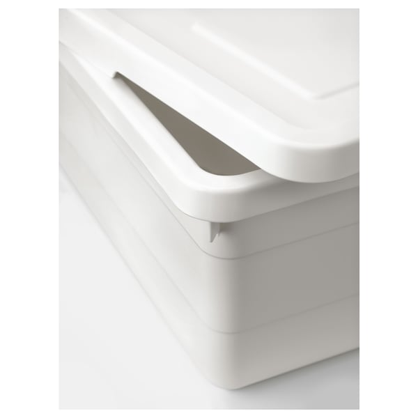 White plastic storage box with snap-on lid, sleek design, built-in handle, and secure locking mechanism.