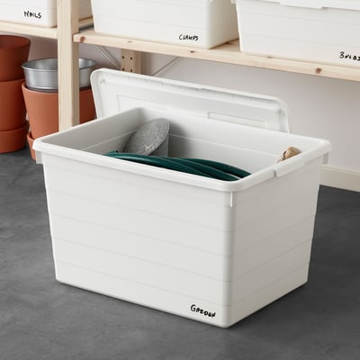 White SOCKERBIT storage box with lid, floor, gardening tools.