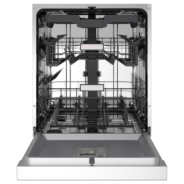 Open dishwasher with two racks, steel interior, ready for loading.