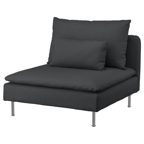 A modern, dark gray SÖDERHAMN chair with a deep, cushioned seat, sleek metal legs, and a patterned pillow.