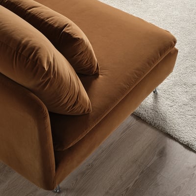 Orange velvet sofa, deep seats & loose cushions, stylish & comfy.