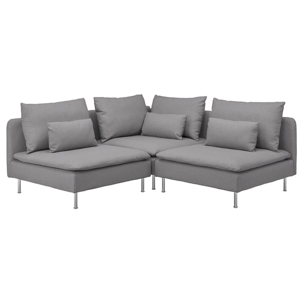 Ikea SÖDERHAMN 3-piece sectional sofa in grey, modern low-profile design with removable cushions.