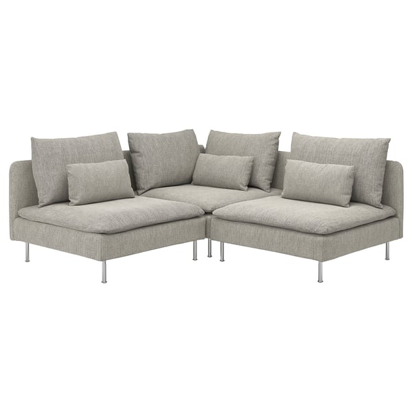 SÖDERHAMN modern grey sectional sofa with patterned cushions, supported by metal legs, offering a cosy relaxed setting.
