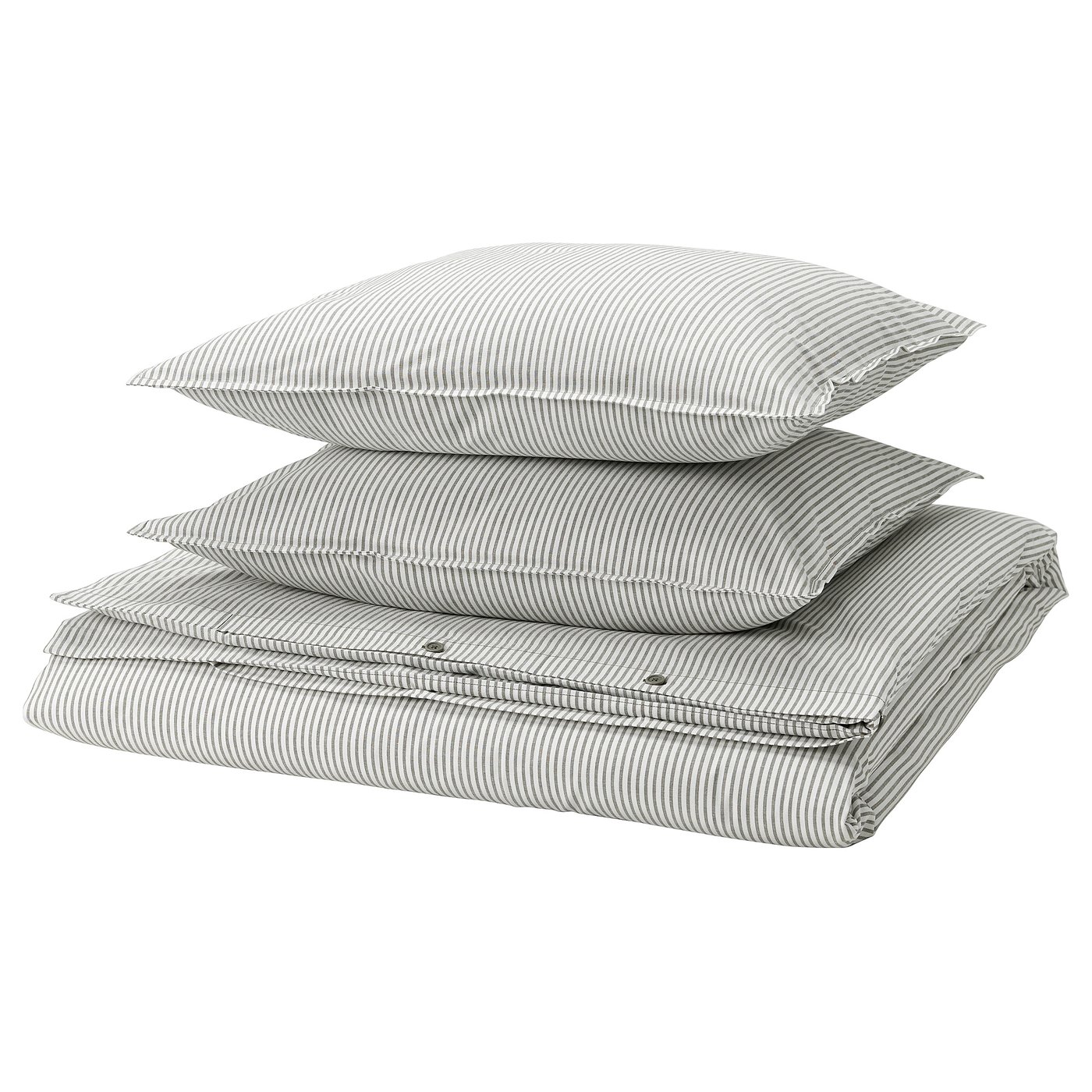 Three stacked pillows, grey with white stripes, rectangular shape, made from 100% recycled cotton.