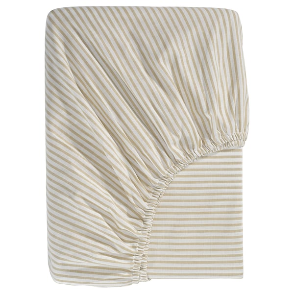 Ikea SOLFIBBLA fitted sheet, beige-striped cotton, rectangular.