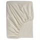 IKEAs SOLFIBBLA, beige-striped 100% cotton fitted sheet, soft, breathable, with elastic edges, for up to 26cm thick mattresses.