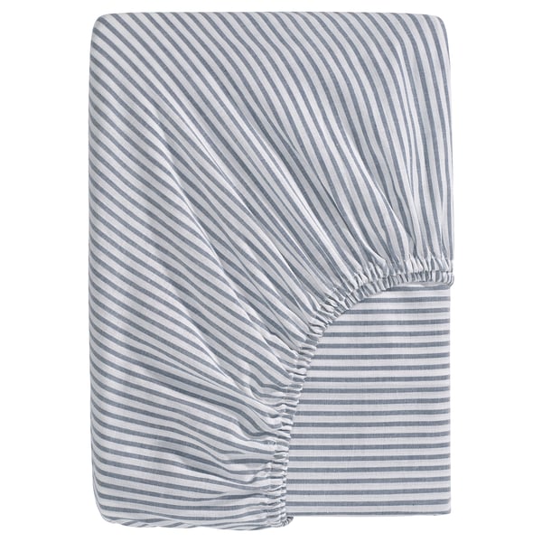 A SOLFIBBLA fitted sheet in blue with white stripes, made of recycled cotton.