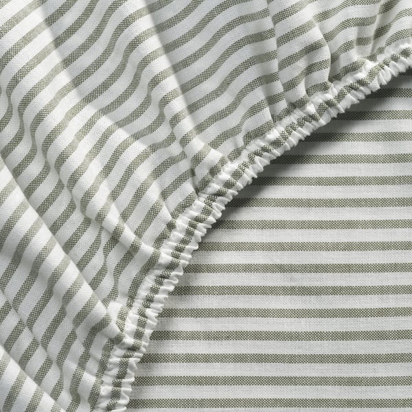 Striped sheet with elastic edges, likely SOLFIBBLA, quality cotton, fits thick mattresses.
