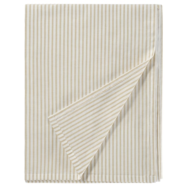 Light gold & white striped cotton sheet set for cosy, elegant bed.