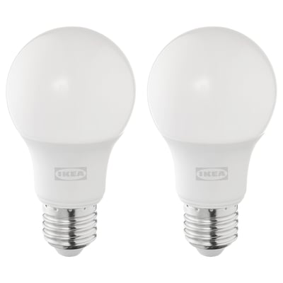 Two ikea SOLHETTA led light bulbs, warm-white, spherical shape, made of plastic, instantly illuminate.