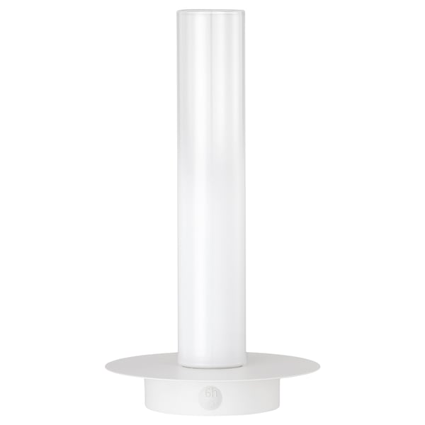 A white SOLVINDEN lamp, sleek and cylindrical in shape, suitable for indoor and outdoor use.