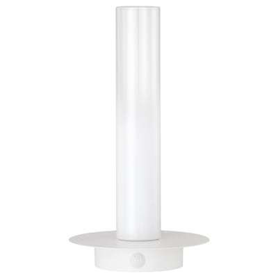 A white SOLVINDEN lamp, sleek and cylindrical in shape, suitable for indoor and outdoor use.
