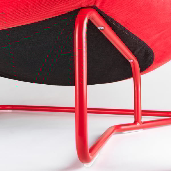 Bright red chair with sleek metal frame, contemporary design, ensuring comfort and durability.