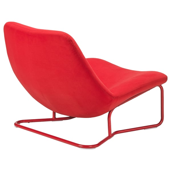 Bright red, modern chair; sleek metal frame, wide seat, curved back.