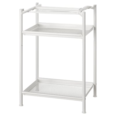 A SPÄND shelf, white, with two adjustable mesh shelves. It stands on four legs, suited for organising small items efficiently.