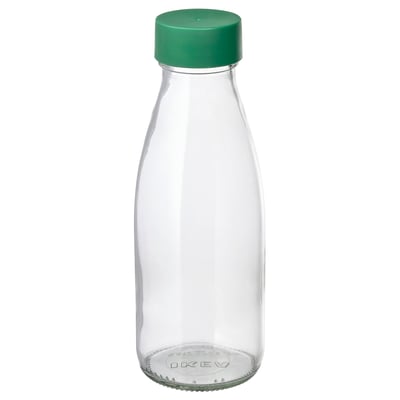 Glass bottle with green lid, designed for cold drinks. Eco-friendly, reusable, and portable.