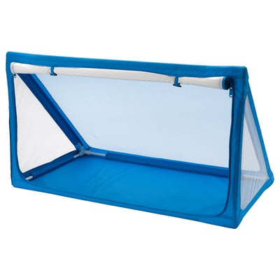 Blue sports goal net, folds for storage, made of polyester, stands upright.