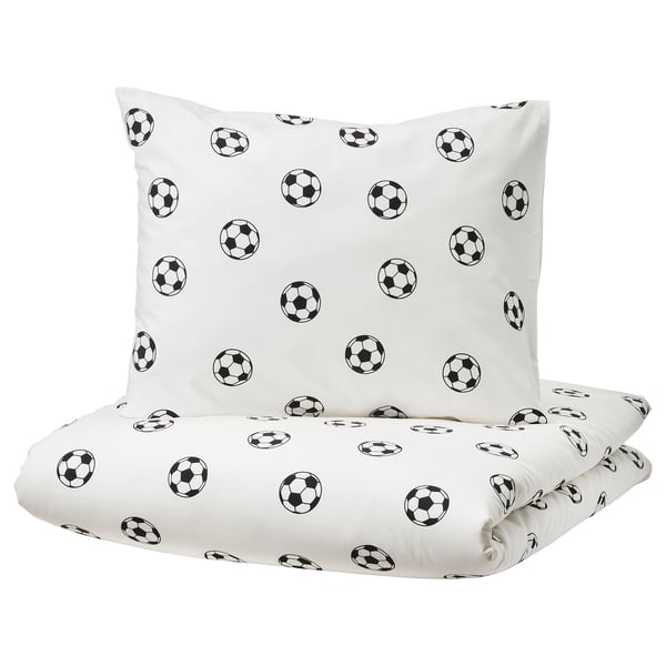 SPORTSLIG duvet set: football print, white & black, soft cotton blend.