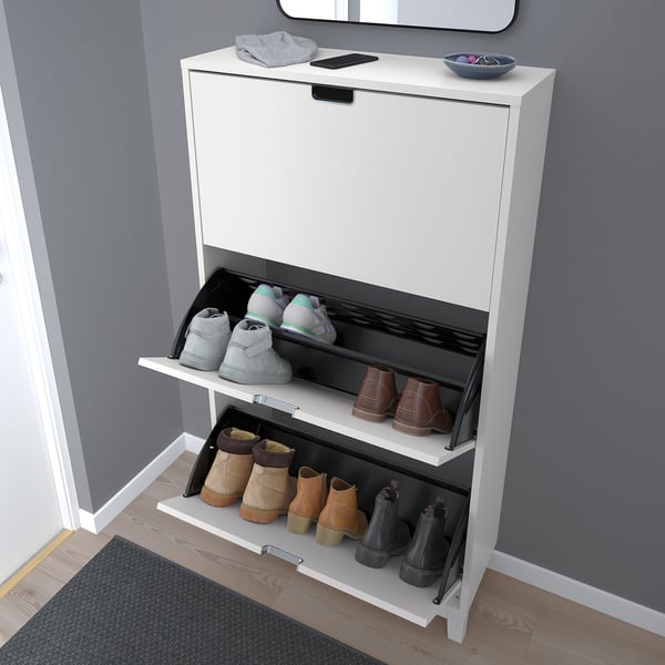STÄLL shoe cabinet for 18 pairs, space-saving with open compartments and handles.