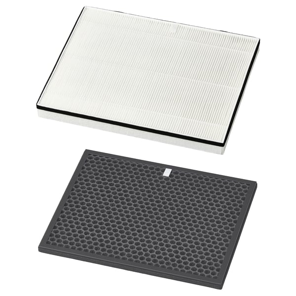 Two air purifier filters displayed: top is white, bottom is black, both rectangular with distinctive patterns.