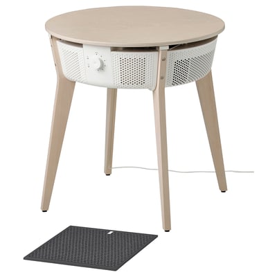 Modern side table with built-in air purifier, round light wood top, 3 legs, white base, black philtre.