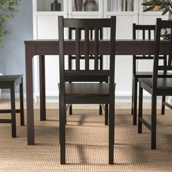 Chairs around dining table, sturdy wooden design.
