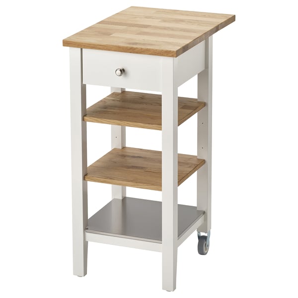 Ikea STENSTORP kitchen trolley, white with wooden shelves, one drawer, four wheels for mobility, perfect for extra storage.