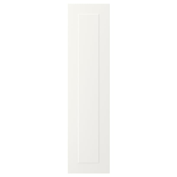 A white STENSUND cabinet door with grooved panels, smooth, and seamless.