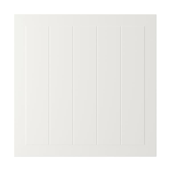 A white STENSUND cabinet door with grooved panels. The rectangular door a smooth, lacquered surface made of fiberboard.