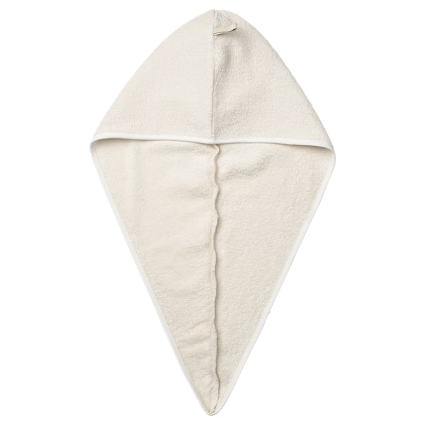 STJÄRNBUSKE hair towel: white, soft cotton blend, triangular shape with elastic loop.