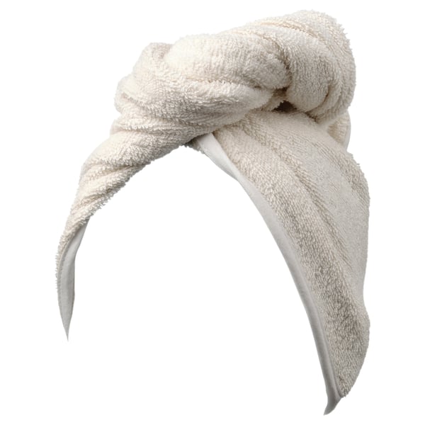STJÄRNBUSKE hair towel, ivory, soft cotton blend, turban style, knotted design.
