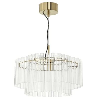 STOCKHOLM 2025 chandelier: gold and clear glass. Modern, cylindrical design with hanging tubes.